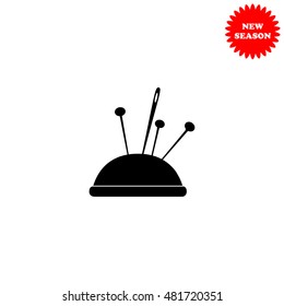 Pincushion with pins vector icon isolated on white background.