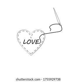 Pincushion in the shape of a heart with the inscription love. Linear illustration in Doodle style