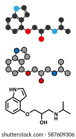 Pindolol beta blocker drug molecule. Conventional skeletal formula and stylized representations.