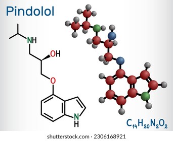 Molécula de pindolol. Es un bloqueante de los receptores adrenérgicos beta no selectivo, utilizado para tratar la hipertensión, el edema. Fórmula química estructural, modelo molécula. Ilustración del vector