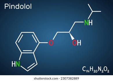 Molécula de pindolol. Es un bloqueante de los receptores adrenérgicos beta no selectivo, utilizado para tratar la hipertensión, el edema. Fórmula química estructural en el fondo azul oscuro. Ilustración del vector