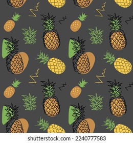 Pine apple vector seamless pattern on grey background. One continuous line art drawing design of pine apple pattern.