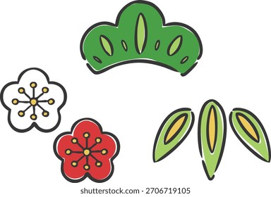 Pine, bamboo, and plum illustration set vector