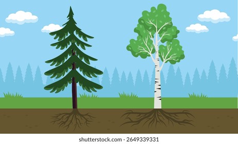 Pinho e bétula na floresta. Ilustração vetorial.