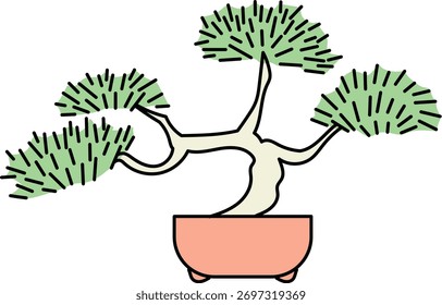 Árbol de bonsái del pino en una Ilustración vectorial minimalista de la olla aislada en el fondo blanco para el uso del diseño y de la decoración