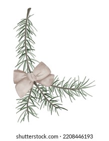 Pine branch with a bow isolated on white. Christmas greeting card idea. 