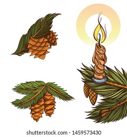 Pine branch with a burning candle, cones on a white background. Can be used for Christmas card.
