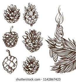 Pine branch with candle and cones. Set of decorative design elements for Christmas and New Year greeting cards, invitations and other items.