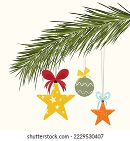 Pine branch with Christmas decorations. Christmas toys with bows. Christmas tree ornaments. Flat illustration great for banners and greeting cards.