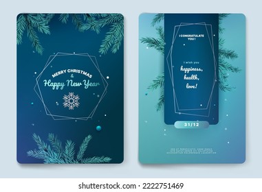 Pine branch, christmas greeting card. Season holidays with fir tree, spruce celebration frame, winter ornament. 3d realistic decor elements. Vertical banner. Vector abstract exact design