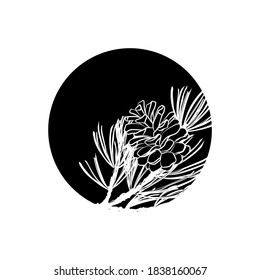 Pine branch with cone in black circle. Black and white illustration. Vector.