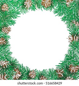 Pine branch and cone round frame. Vector high detailed Christmas decoration. Nature illustration.