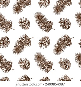 Pine branch and cone. Seamless pattern. Vector. Decor for winter sales, New Year cards, wrapping paper, textiles, invitations, flyers, tickets, covers