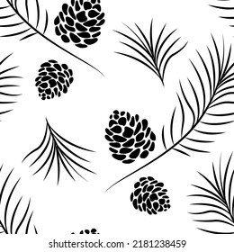 Pine branch and cone. Simple symbolic vector drawing. Seamless pattern. Black and white.