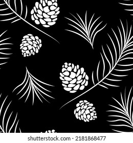 Pine branch and cone. Simple symbolic vector drawing. Seamless pattern. Black and white.