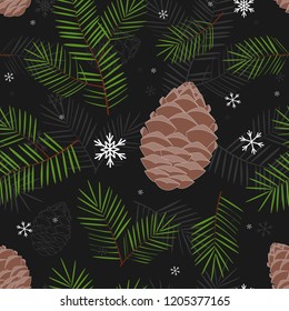 Pine branch with cones hand drawn vector pattern illustration.