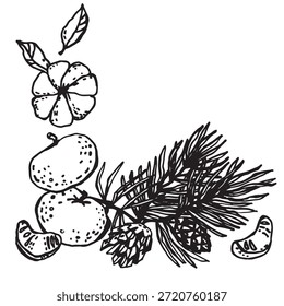 Rama de pino con conos de pino y mandarinas