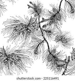 Pine branch with cones seamless pattern on white background vector illustration