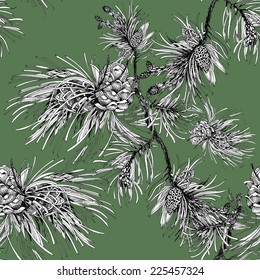 Pine branch with cones seamless pattern on green background vector illustration