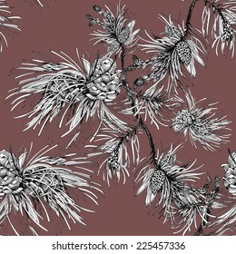 Pine branch with cones seamless pattern on brown background vector illustration