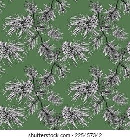 Pine branch with cones seamless pattern on green background vector illustration