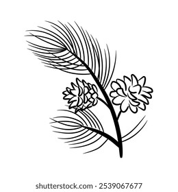 Pine branch with cones. Vector element in sketch style for the design.