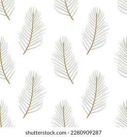Pine branch. Doodle Christmas twig. Winter floral festival seamless pattern. 