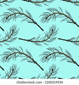 Pine branch duddle style . A hand - drawn coniferous branch . Seamless pattern on a blue mint background . Black outline . Blank for festive textiles , printed products .