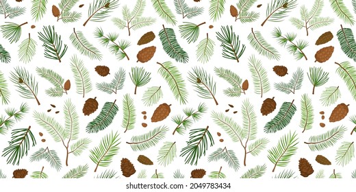 Pine and branch fir seamless pattern, tree and cone, evergreen spruce, Christmas and New Year background. Cartoon holiday illustration