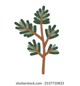 Pine branch with fluffy needles in flat design. Dark green fir twig. Minimalist nature icon for graphic design, logos, and botanical themed. Vector isolated