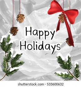 pine branch and hanging pine cones with red ribbon. snow background. merry christmas and happy new year card.