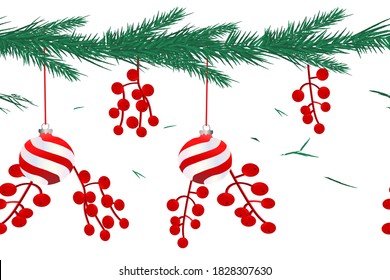 pine branch with a hanging red ball and a sprig of mountain ash