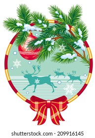 Pine branch with New Year ball and deers silhouette