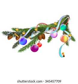 The pine branch with New Year balls and cones. The branch is decorated with beads and colored ribbons.