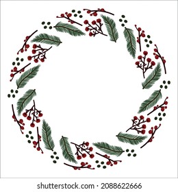 Pine branch and red berry circle border frame decoration