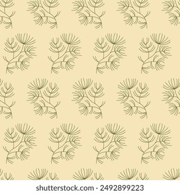 Pine branch seamless pattern. Hand drawn Doodle coniferous trees. Vector illustration in minimalist line drawing of a stylized plant with delicate, abstract pine branches For New Year and Christmas 