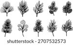 Pine branch silhouette vector set, black botanical illustrations, pine cone and needle designs, nature drawing bundle, holiday foliage graphic elements