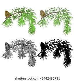 Pine branch with snow and pine cones and  as vintage engraving and silhouette set three vector illustration editable hand drawn