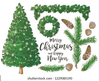Pine branch and spruce branch tree elements with evergreen pine cone set, doodle. Hand drawn illustration Merry Christmas greeting card. Holiday design garland, wreath.
