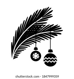 Kiefernäste mit Baubeln schwarze Glyphe Symbol. Silhouette auf weißem Hintergrund. Flaches Piktogramm. Vektorgrafik einzeln. Duotone solides Symbol. Pixel perfekt. Negativer Raum