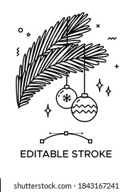 Pine branches with baubles outline icon. Thick line pictogram. Isolated linear vector illustration. Duotone contour symbol. Editable stroke. Pixel perfect