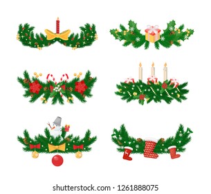 Pine branches with candle and socks, baubles toys vector. Bows and ribbons, snowman winter character with carrot nose, decorations of spruce tree