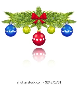 Pine branches with Christmas balls on a white background
