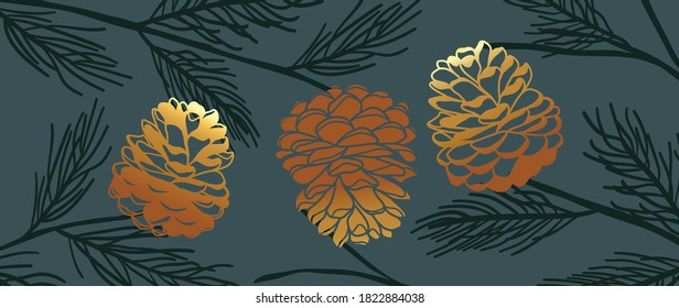 Pine branches and cones background. Winter and autumn hand draw wall art. Luxury wallpaper design for winter and holiday season, christmas tree, fabric and print. Vector illustration.