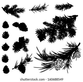 pine branches and cones black silhouettes