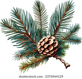 Ramas y conos de pino, agujas sobre fondo blanco, dibujo digital de mano, estilo acuarela, ilustración botánica decorativa para el diseño, árbol de Navidad, vector