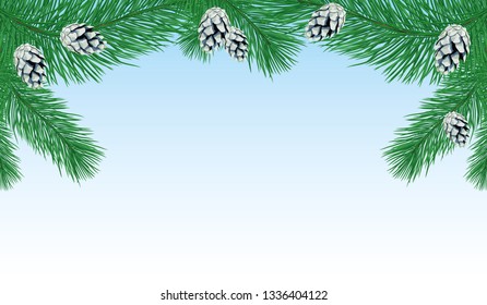 Pine branches with cones on a blue background.