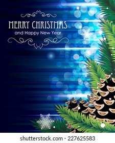 Pine branches with cones on a blue Christmas background