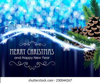 Pine branches with cones on a blue Christmas background