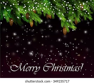 Pine branches with cones on a dark and snow background isolated